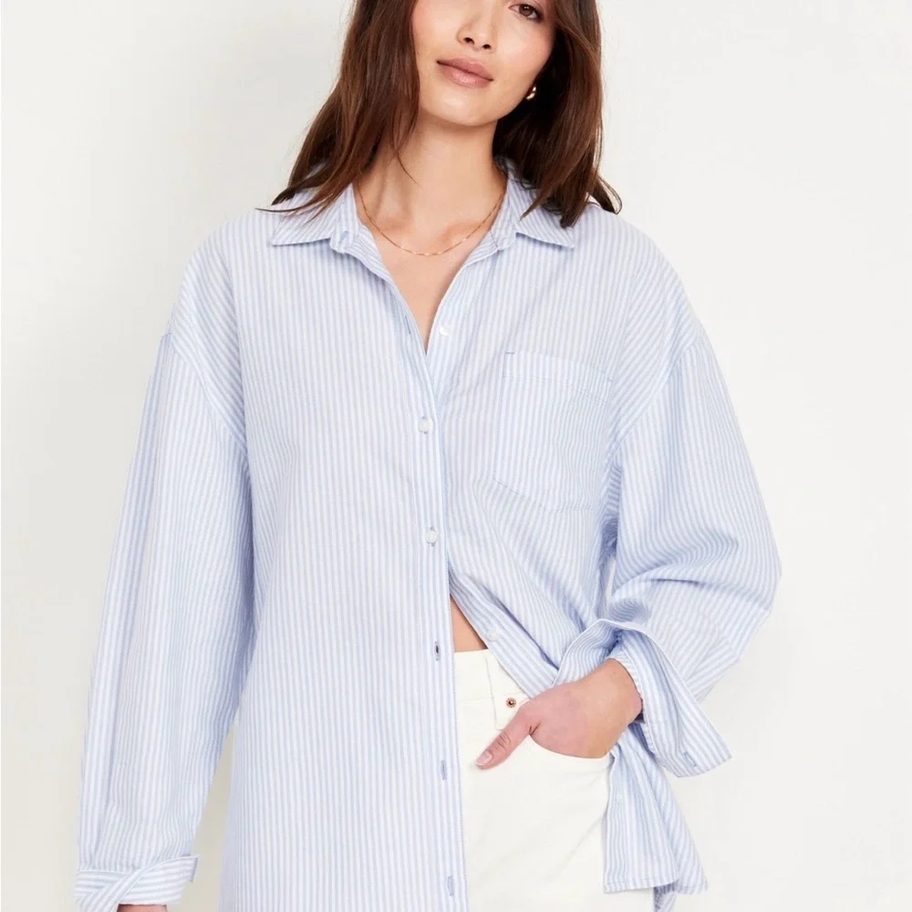 Old Navy Boyfriend Resort Poplin Button Down Shirt Stripe Blue Cotton Women's M - Picture 3 of 9